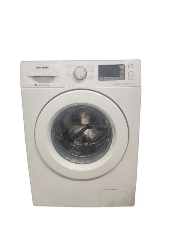 Lave-linge Samsung blanc sur fond bleu